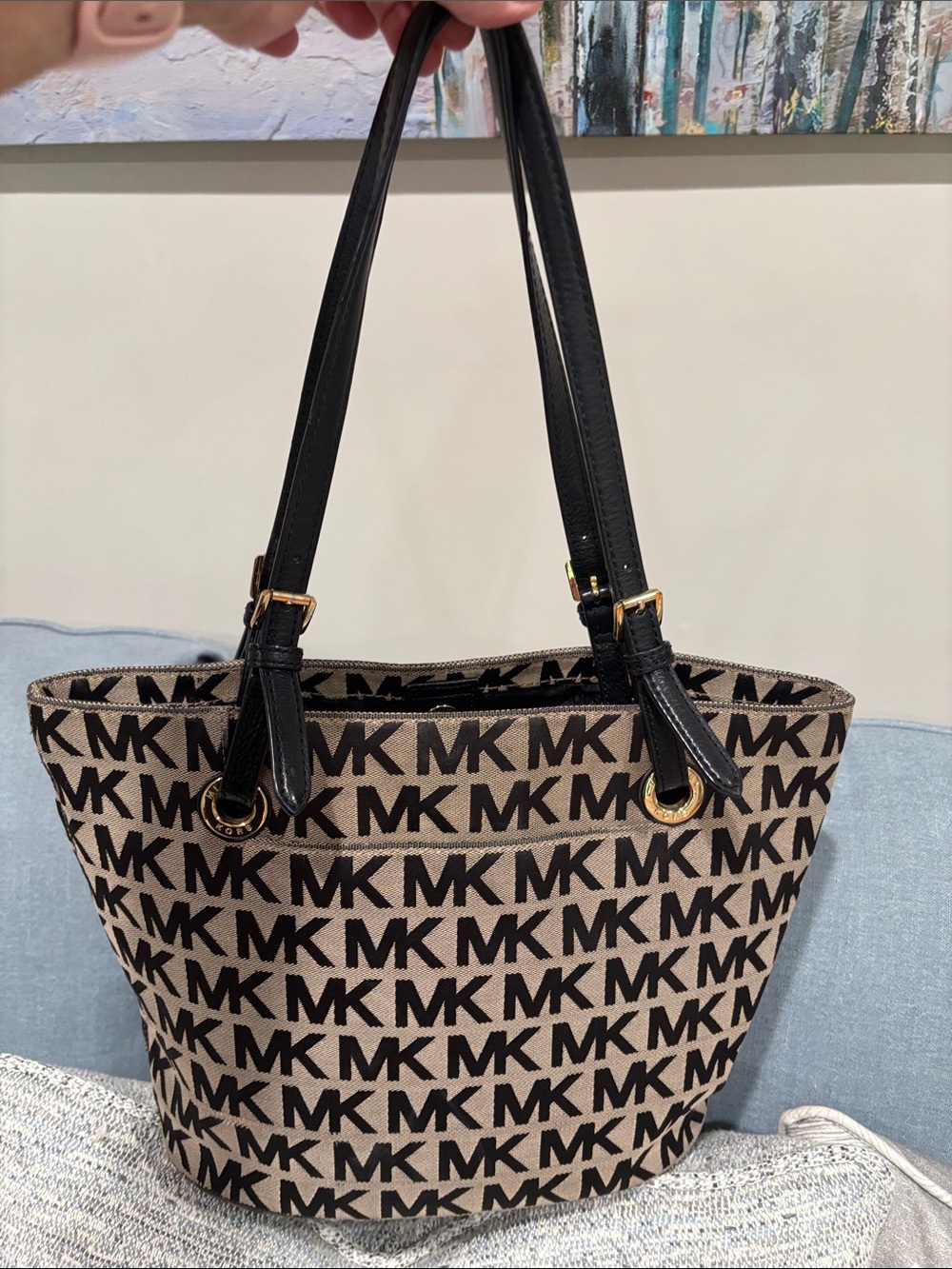 Authentic Michael Kors Black and Taupe MK Logo Tote with Leather straps